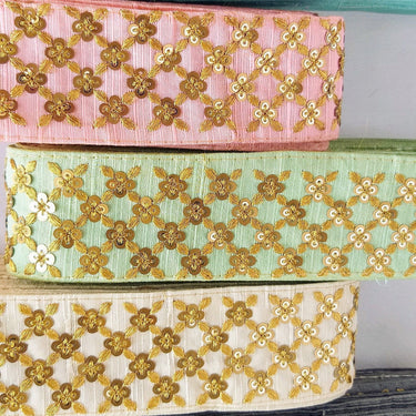 Beige Art Silk Fabric Trim With Gold Embroidery and Gold Sequins, Approx. 55mm Wide - 210119L166